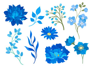 Collection of drawings of blue flowers and leaves. Vector illustration on white background.