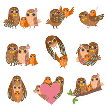 Family Of Owls Set, Father, Mother And Their Baby, Cute Cartoon Birds Characters Vector Illustration