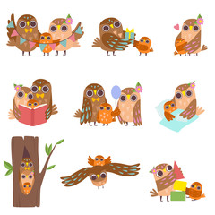 Sticker - Happy Family of Owls Set, Father, Mother and Their Baby, Cute Cartoon Birds Characters Vector Illustration