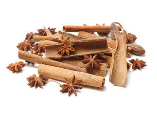 Cinnamon and anise on white background