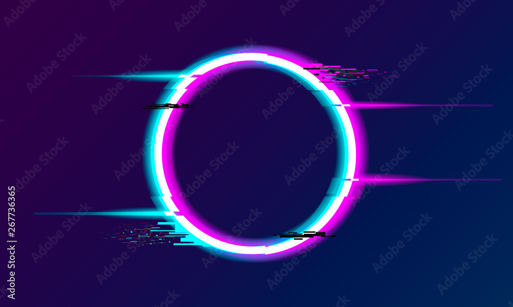An illuminated circle with glitch and neon effect. Glow Design for Graphic Design - Banner, Poster, Flyer, Brochure, Card. Vector Illustration. - obrazy, fototapety, plakaty 