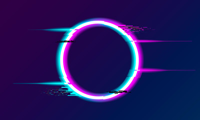 Poster - An illuminated circle with glitch and neon effect. Glow Design for Graphic Design - Banner, Poster, Flyer, Brochure, Card. Vector Illustration.