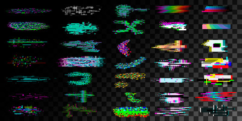 Big set of Glitch effect elements on transparent background, Vector