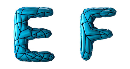 Realistic 3D letters set E, F made of low poly style. Collection symbols of low poly style blue color plastic isolated on white background