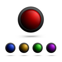 Poster - Modern set of round-shaped glass buttons - red, blue, yellow, green, purple color. Vector buttons for web design, app, ui and games.