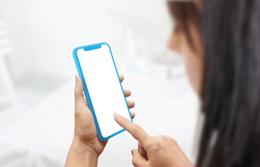 Poster - Flat blue smart phone concept mockup in woman hands.
