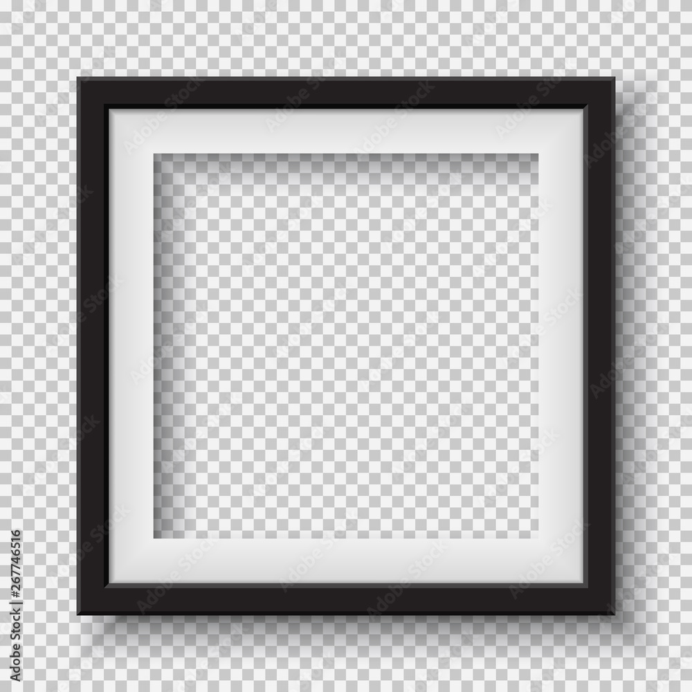 Black, white frame with soft shadow hanging on light squared room wall for text or picture - obrazy, fototapety, plakaty 