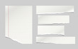 Set of torn note, notebook lined paper strips stuck on grey background. Vector illustration