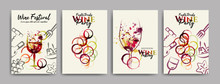 Collection Of Templates With Designs For Wine, Wine And Food Events. Flyers, Posters, Invitation Cards, Banners, Menus. Wine Stains Background. Idea With Wine Glasses Stains And Food Symbols. Vector