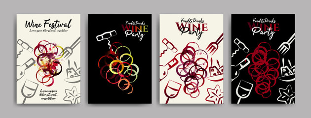 Wall Mural - collection of templates with designs for wine, wine and food events. Flyers, posters, invitation cards, banners, menus. Wine stains background. Idea with wine glasses stains and food symbols. Vector