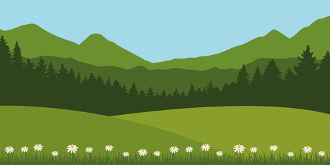 Wall Mural - green summer meadow landscape with daisy flowers and mountain view vector illustration EPS10