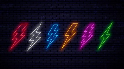 Poster - Set of multicolored bright neon lightnings isolated on wall background. Neon lightning red, white, blue, yellow, pink, green color. Vector sign of electricity, energy, thunder, power, danger, warning.