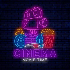 Poster - Bright neon design for cinema decoration. Modern neon logo, emblem, sign, label, icon for cinema. Bright design to decoration billboards, banners, posters, signboard and more. Movie time.