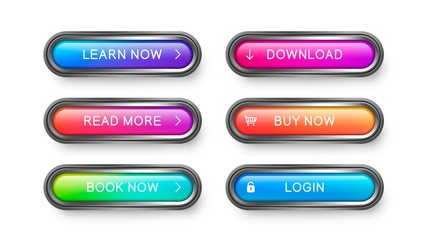 Poster - Glass rectangular buttons with rounded corners. Vector abstract buttons with metallic frame blue, pink, orange color for web site design, apps and games.