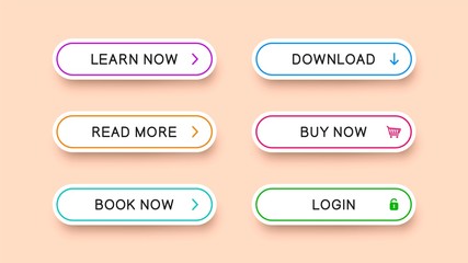 Poster - Flat rectangular white buttons with rounded corners with falling shadow. Vector buttons with multicolored outlines and icons. Ready templates for web design isolated on light background.