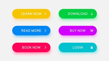 Poster - Bright monochrome web buttons of yellow, blue, red, green, purple and bright blue color with falling color shadow. Vector buttons for web design, mobile devices, banners and more.