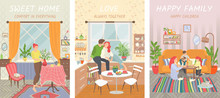 People At Home Vector, Woman In Room With Comfortable Furniture Decorated With Plants, Couple In Kitchen, Family Mother And Father Playing With Kids, Sweet Home Interior