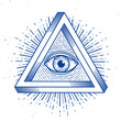 All seeing eye of god in sacred geometry triangle, masonry and illuminati symbol, vector logo or emblem design element.