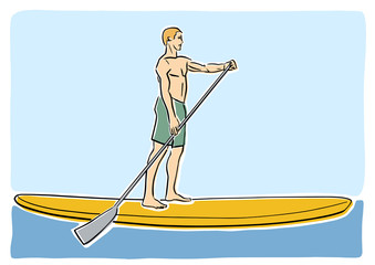 Wall Mural - Stand up paddle surfing, boarding. Single male surfer with paddle. Surfrider on board. Paddleboarding, SUP fitness. Vector flat illustration. Colorful drawing. Isolated contour and colors.