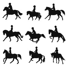 Set Of Silhouettes Of Sport Ponies And Riders