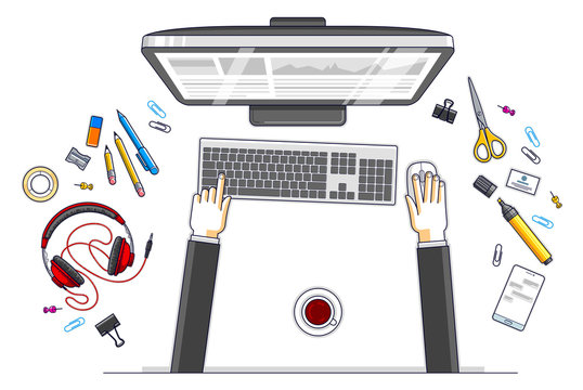 Office worker or entrepreneur working on a PC computer, top view of workspace desk with human hands and diverse stationery objects. All elements are easy to use separately. Vector illustration.