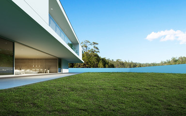 perspective of modern luxury house with swimming pool and lawn yard in day time, idea of minimal arc