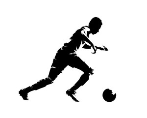 Wall Mural - Soccer player running with ball, abstract isolated vector silhouette, side view. Team sport
