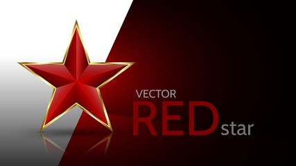 Poster - Bright, red 3D star with golden frame isolated on beautiful background. Ready design of emblem, sign, icon, logo. Vector red star, for holidays decorations, postcards and more.