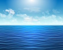 Realistic Blue Sea Background With Waves And Sun On The Sky