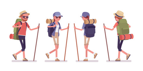 Hiking man, woman walking. Tourists with backpacking gear, wearing clothes for outdoor sporting or leisure activity. Vector flat style cartoon illustration isolated on white background, front and rear