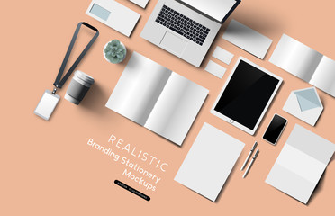 Poster - Realistic top down view of office desk stationery and objects. Vector mockup illustration.