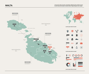  Vector map of Malta. Country map with division, cities and capital Valletta. Political map,  world map, infographic elements.