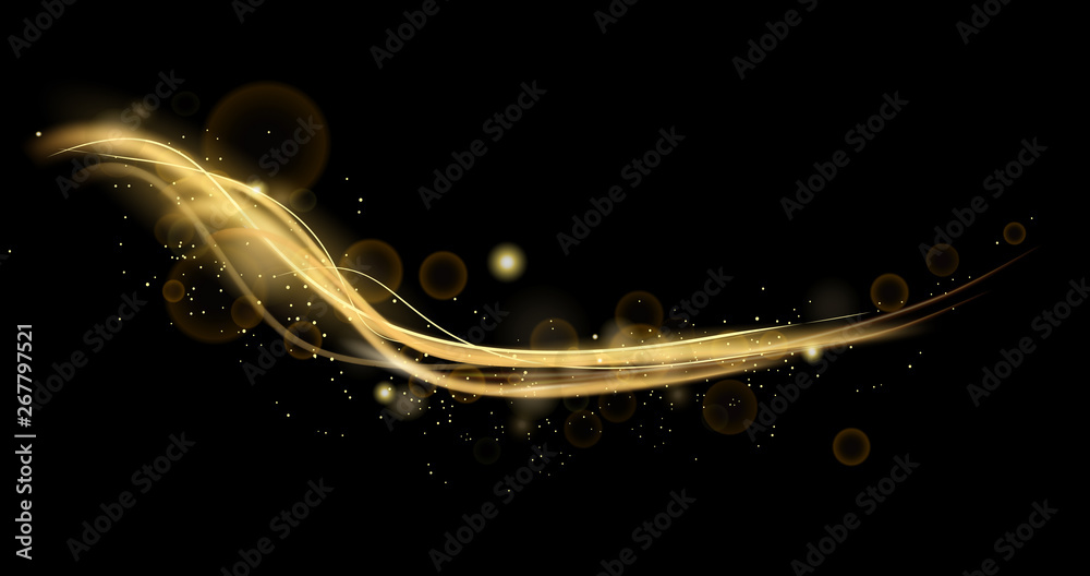 Vector illustration of golden dynamic lights and lines effect with sparkles isolated on black background. Abstract background for science, light, speed, futuristic and energy technology concepts. - obrazy, fototapety, plakaty 