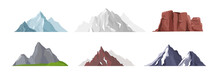 Vector Illustration Collection Of Different Mountain Icons In Flat Style. Rocks, Mountains And Hills Set Isolated On White Background.