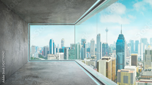 Tapeta ścienna na wymiar Empty loft unfurnished contemporary interior office with city skyline and buildings city from glass window .