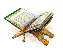 The Open Holy Book The Koran On A Stand. Vector Sketch Drawn Image With Watercolor Splashes On White Background
