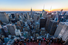 Panorama View Of Midtown Manhattan Skyline With The Empire State Building From The Rockefeller Center Observation Deck. Top Of The Rock - New York City, USA