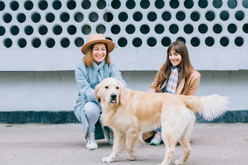 Two stylish women friends with a young dog on the background of a gray wall. Adult sisters walking with a Golden retriever. Happy females fed a playful dog, pet playing with girls outdoor.