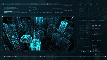 Aufkleber - Futuristic motion graphic user interface head up display screen with digital data city map telemetry information display for digital background computer desktop display screen