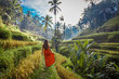 Young woman in red dress walking in rice fields Bali in Tegallalang. Rustic Ubud village landscape outside. Fashion style