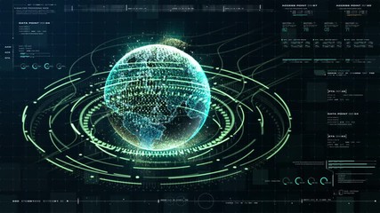 Poster - Futuristic motion graphic user interface head up display screen with Holographic Earth and digital data telemetry information display for digital background computer desktop display screen