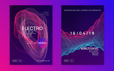 Edm flyer. Dynamic fluid shape and line. Trendy discotheque invitation set. Neon edm flyer. Electro trance music. Techno dj party. Electronic sound event. Club dance poster.