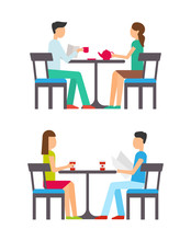 Man And Woman Sitting On Chairs At Table, Drinking Cups Of Coffee And Tea. Couples In Casual Clothes, Girl In T-shirt And Skirt, Boy In Trousers Vector