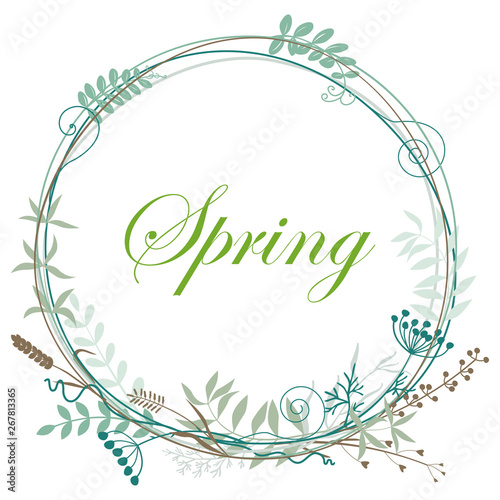 Round frame of leaves, flowers and twigs. Can be used as a background for wed...