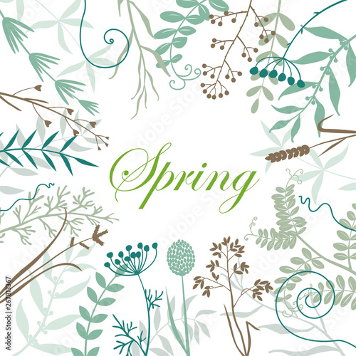 Spring frame of leaves, flowers and twigs. Background for invitations, postca...