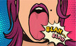 Blah, blah! Pop art funny comic sexy girl. Fashionable poster and banner. Social Media Connecting Blog Communication Content. Trendy and fashion color retro vintage illustration background.