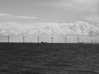 Offshore wind turbines on the coast of Copenhagen in Denmark 