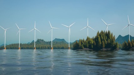 Wall Mural - Offshore Wind turbines farm producing electricity from the force of a wind. 4KHD