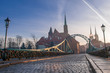 Tumski Bridge and Cathedral of St. John the Baptist twin towers on Ostrow Tumski. Wrocław, Poland 2018