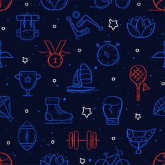Wall Mural - line style sport pattern on dark bg. doodle seamless background. the modern and light pattern is ide